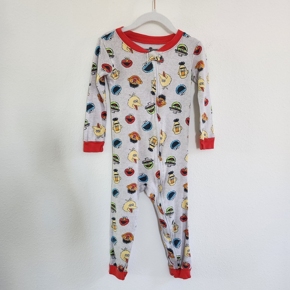 Sesame Street Kids Pajamas Gray with Red Trim and Multicolor Character Print